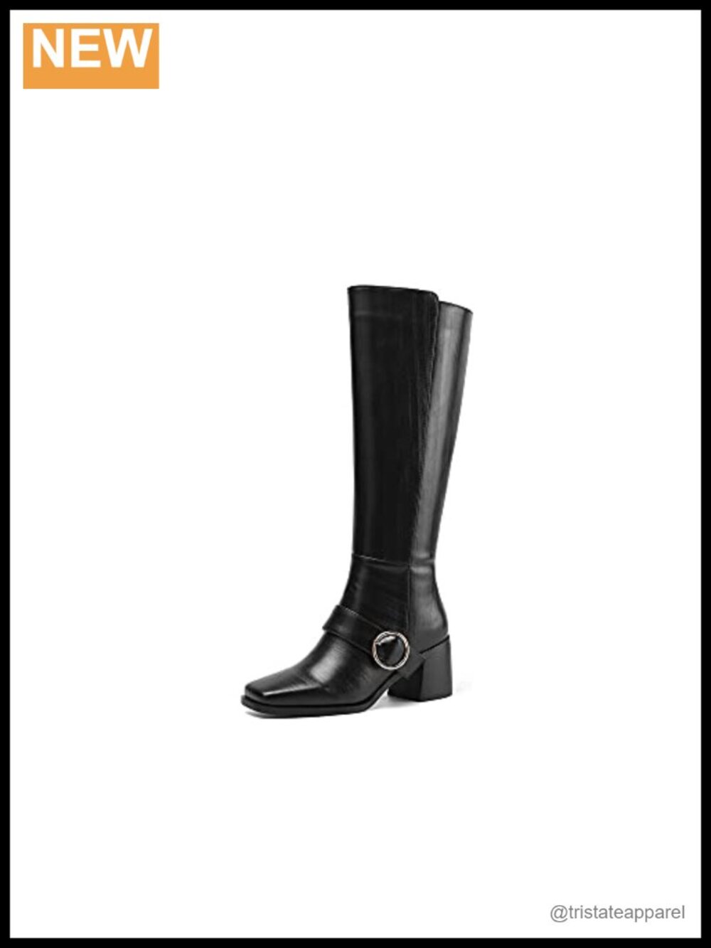 Genuine Leather Square Toe Chunky Heel Knee High Boots Side Zip